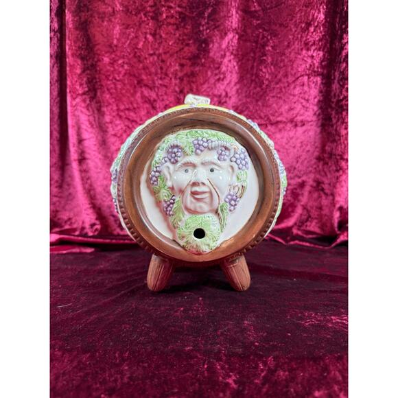 Vintage Pottery Mid Century Wine Barrel Keg Decanter Putti, Bacchus, Goat Relief - Picture 8 of 12